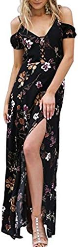 Women's Floral Spahgetti Strap Slit Maxi Dress,Alcylane Empire Waist Off The Shoulder Print Split Maxi Dress