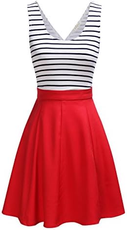 FSOOG Women's Cross Back Sleevless Cocktail Party Striped Casual Tank Mini Dress L RED