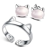925 Silver Plated Adjustable Ring Cat's Ear Cute Kitten Claws and Cat Earrings Set for Girls (Cat's Ear)