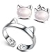 Showfay Cute Kitten Cat Ring Set 925 Sterling Silver Adjustable Finger Ring Opal Cat Earring for Girls
