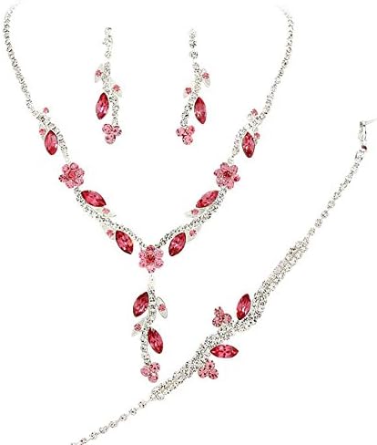 Y Drop Pretty Lite Pink Floral Crystal Prom Bridesmaid Wedding Necklace Jewelry Set DO6