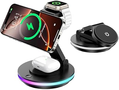 Cargador mag Safe, Estación de Carga 3 en 1 para Apple Watch y iPhone, Plegable, Giratorio con Ajuste de Luz, Cargador Inalámbrico Soporte de Carga para iPhone 16/15/14, AirPods (Sin Adaptador)-Negro