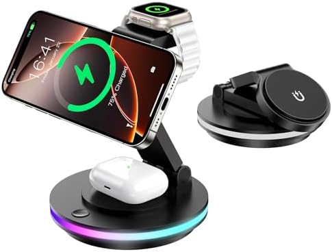 Cargador mag Safe, Estación de Carga 3 en 1 para Apple Watch y iPhone, Plegable, Giratorio con Ajuste de Luz, Cargador Inalámbrico Soporte de Carga para iPhone 16/15/14, AirPods (Sin Adaptador)-Negro