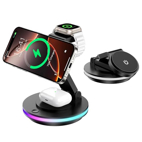 Mag Safe Ladegerät, 3 in 1 Ladestation für Apple Watch und iPhone, faltbar, drehbar mit Lichteinstellung, Wireless Charger Mag Safe Ladeständer für iPhone 16/15/14,AirPods (Ohne Adapter)-Schwarz