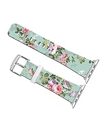correas de iwatch 42 mm, 42 mm Correa de piel auténtica muñeca correa W), color plateado metal cierre de repuesto para Apple Watch Todos los modelos 42 mm   especail Flores Patrón en su correa