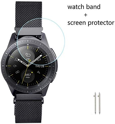 Compatible Samsung Galaxy Watch 42mm Bands，20mm Strap Milanese Loop Adjustable Stainless Steel Bands + Tempered Glass Screen Protector for Samsung Galaxy Watch 42mm/SM-R810/SM-R815 (Black, 20mm/42mm)