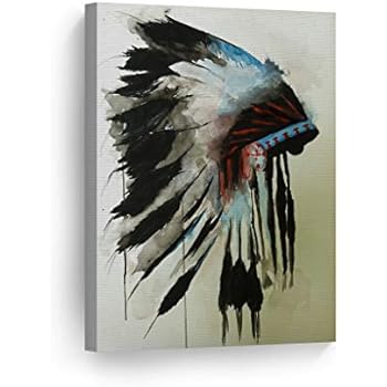 INDIAN WALL ART Native American Chiefs Headdress Feathered Watercolor Canvas Print Home Decor Decorative Artwork Gallery Wrapped Wood Stretched and Ready to Hang - %100 Handmade in the USA - 12x8