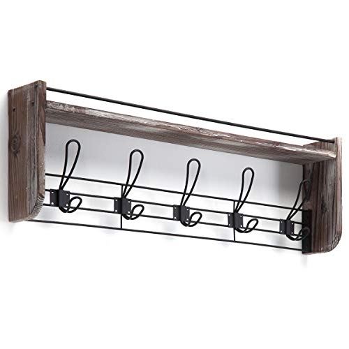 image for J JACKCUBE DESIGN Rustic Wall Mounted Coat Rack 5 Hooks Wood Floating 