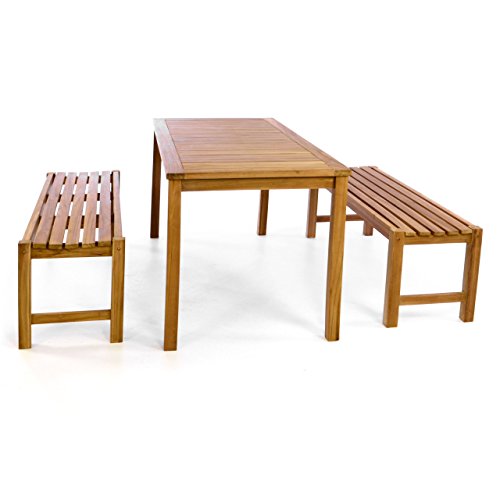 Divero Garten- & Picknick-Set Sitzgruppe Gartenmöbel-Garnitur 3-teilig 1 Tisch 2 Bänke behandelte unbehandelte Oberfläche Teak-Holz massiv 150 135 cm wählbar (150 cm, braun) – Bild 3