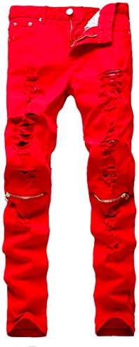 Myncoo Men's Ripped Distressed Slim Fit Jeans Zipper D¨¦cor Red 34
