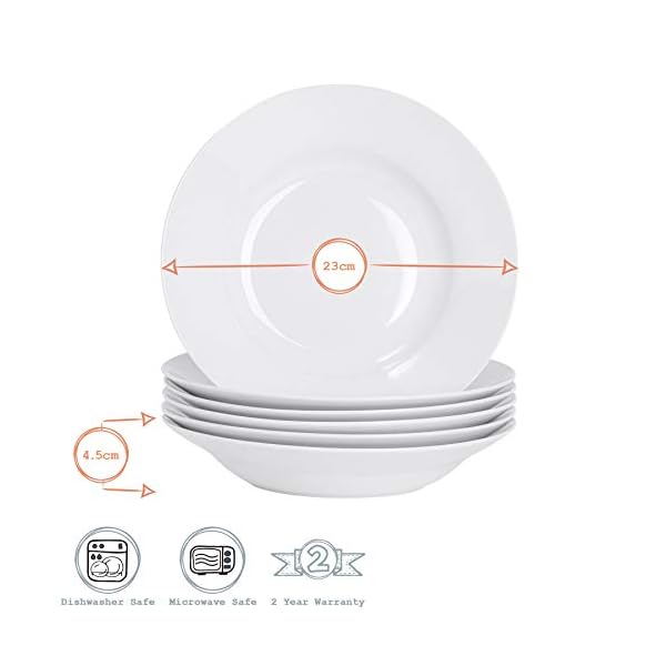 Argon-Tableware-White-Rimmed-SoupPastaCerealBowls-23cm-Set-of-6 6X White Soup Bowls - 23cm (9") - Ceramic Dinner Plates Dish Set Cereal Soup Serving Noodle Bowl - Dishwasher and Microwave Safe - by Argon Tableware
