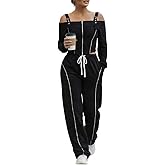 CHICME Two Pieces Sets for Women Spring Cold Shoulder Long Sleeve Tops Wide Leg Pants Matching Lounge Sets Airport Outfit