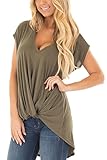 PinkWind Women's Short Sleeve V Neck Draped Front High Low Irregular T Shirt Summer Tops
