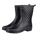 Litfun Womens Black Mid Calf Rain Boots Outdoor Work Waterproof Garden Booties Wide Calf Rain Shoes