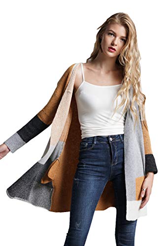 Relipop Women's Open Front Long Sleeve Sweaters Rainbow Color Block Striped Drape Knit Kimono Cardigans with Pockets