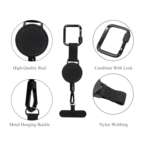 Portable Retractable Anti-Theft Phone Holder, Equipped with a Retractable Keychain Lanyard and Mountain Buckle, Suitable for Travel, Hiking, and Daily Use (Black)