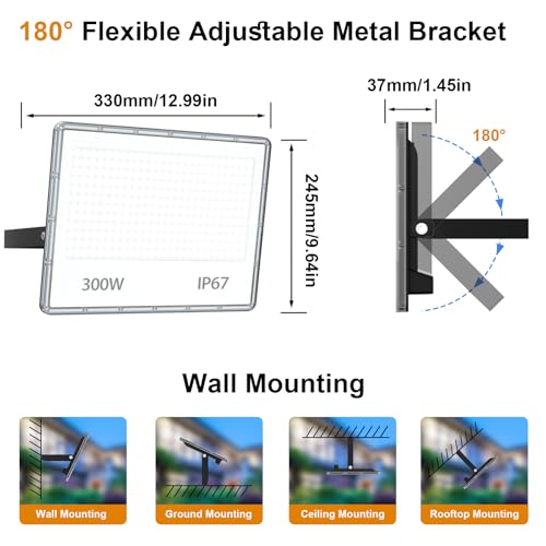 YIQIBRO LED Spotlight 300 W Outdoor 2 Pieces – 30000LM IP67 Waterproof LED Floodlights Outdoor Cool White 7000K for Garden/Terrace/Garage