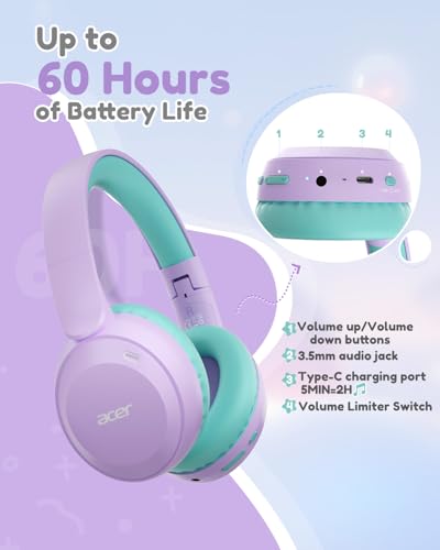 acer Kids Bluetooth Headphones, 85/94dB Volume Limiter, Foldable Wireless Over-Ear Headphones for iPad, Travel, 60H Playtime, Bluetooth 6.0, Built-in Mic, Purple Green, OHR668