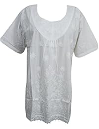 Womens Blouse Gypsy Love White Crochet Lace Hem Hand Embroidered Elegant Tunic Cover Up