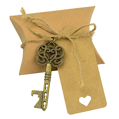 Makhry 50pcs Wedding Favor Souvenir Gift Set Pillow Candy Box Vintage Skeleton Key Bottle Openers Thank You Gift Tag Jute Twine(Antique Bronze)