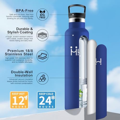 Botella Térmica 1L, Cantimplora Acero Inoxidable con Pajita, Doble Pared al Vacío, sin BPA, Antiderrame, Apta Refrescos, Reutilizable para Oficina, Camping, Trabajo, Escuela