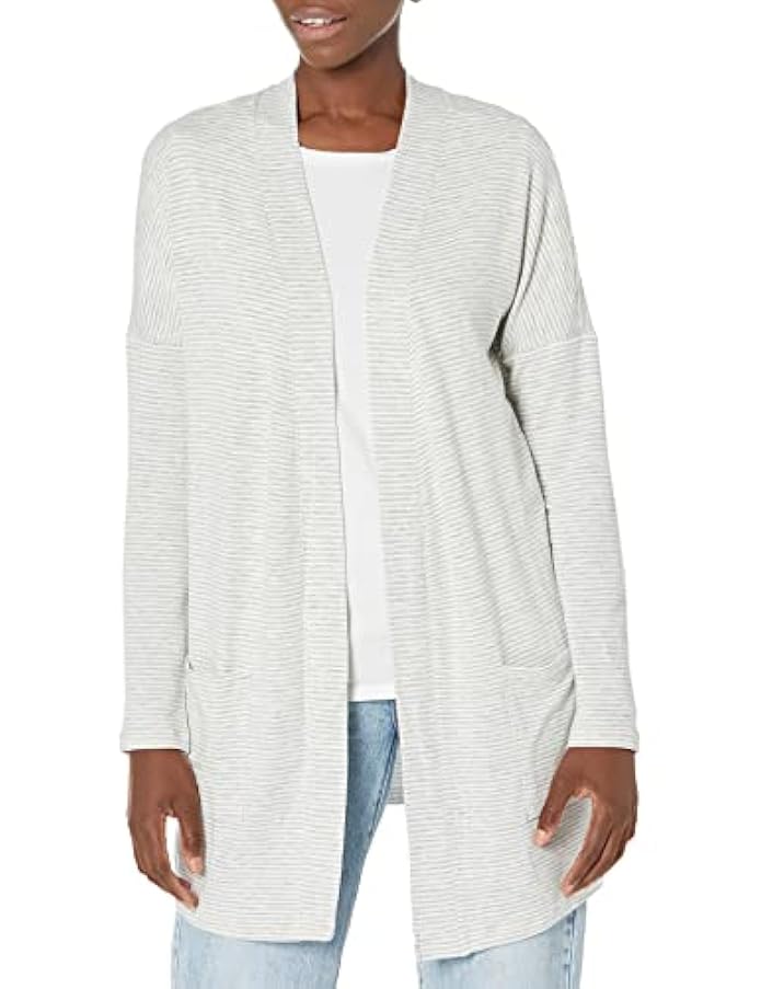 Amazon Essentials Women's Relaxed-Fit Lightweight Lounge Terry Open-Front Cardigan, Grey Heather, Stripe, Large