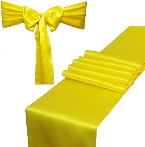 Combo Pack - 2 Satin Table Runners 12 x 108 inch & 10 Chair Sashes for Wedding Banquet Decoration, Bright Silk and Smooth Fabric Party Decor (Combo 2 Table Runner + 10 Chair Saches, Lemon Yellow)
