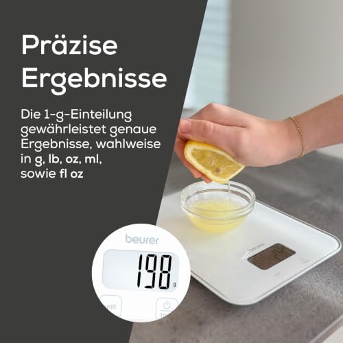 KS 19 Pure White digitale Küchenwaage, Tragkraft bis zu 5 kg (1-g-genaue Einteilung), Haushaltswaage mit Sensor-Touch, Lebensmittelwaage inkl. Batterien, ultraflaches Design, weiß