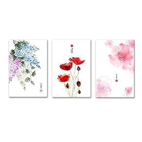 3 Panel Canvas Wall Art - Watercolor Style Flowers Lilac Poppy and Pink Flower Pattern - Giclee Print Gallery Wrap Modern Home Art Ready to Hang - 16"x24" x 3 Panels