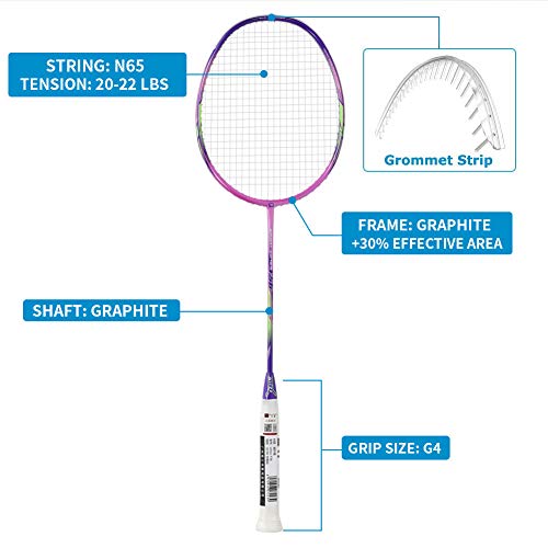 WHIZZ 2 PCS 100% Graphite Badminton Racket Set, Frame/String Protection Design, Large Badminton Bag / 2 Grip Tapes Included (Blue/Pink)