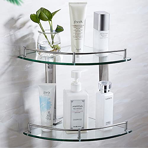 Bathroom Shelves,2 Tier Glass Shelves Wall Mounted with Stainless Steel Bracket,Corner Shower Shelf to Hold Seasoning Bottle/Liquid Soap/Shampoo Bottle(Radius: 9.8\'\')