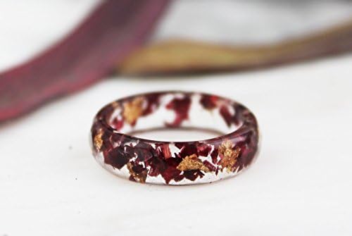 Floral Ring Band with Natural Pressed Gladiolus Petals and Metal Flakes, Nature Inspired Jewelry, Mother's Day Gift