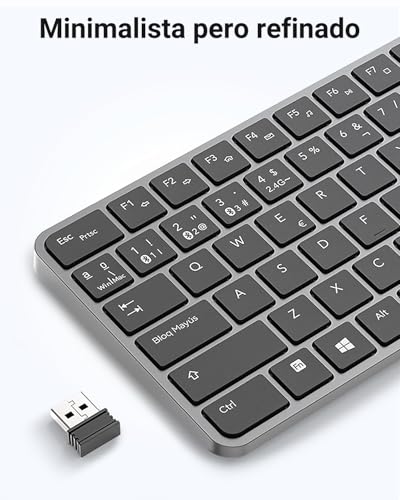 EASYTAO Teclado Inalambrico, Bluetooth & 2.4G, Cambio de 4 Dispositivos, Teclado Inalámbrico Recargable USB-C, Español con Ñ, Ultradelgado/Silencioso/Portátil, Windows, macOS, iPadOS, Android(Negro)