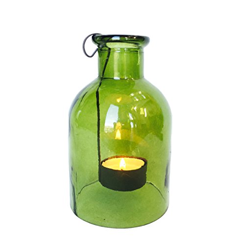 The Rustic Green Glass Tea Light Holder, Vintage Bottle Style, with Floating Tea Light Holder Included, Approx. 6 High By Whole House Worlds