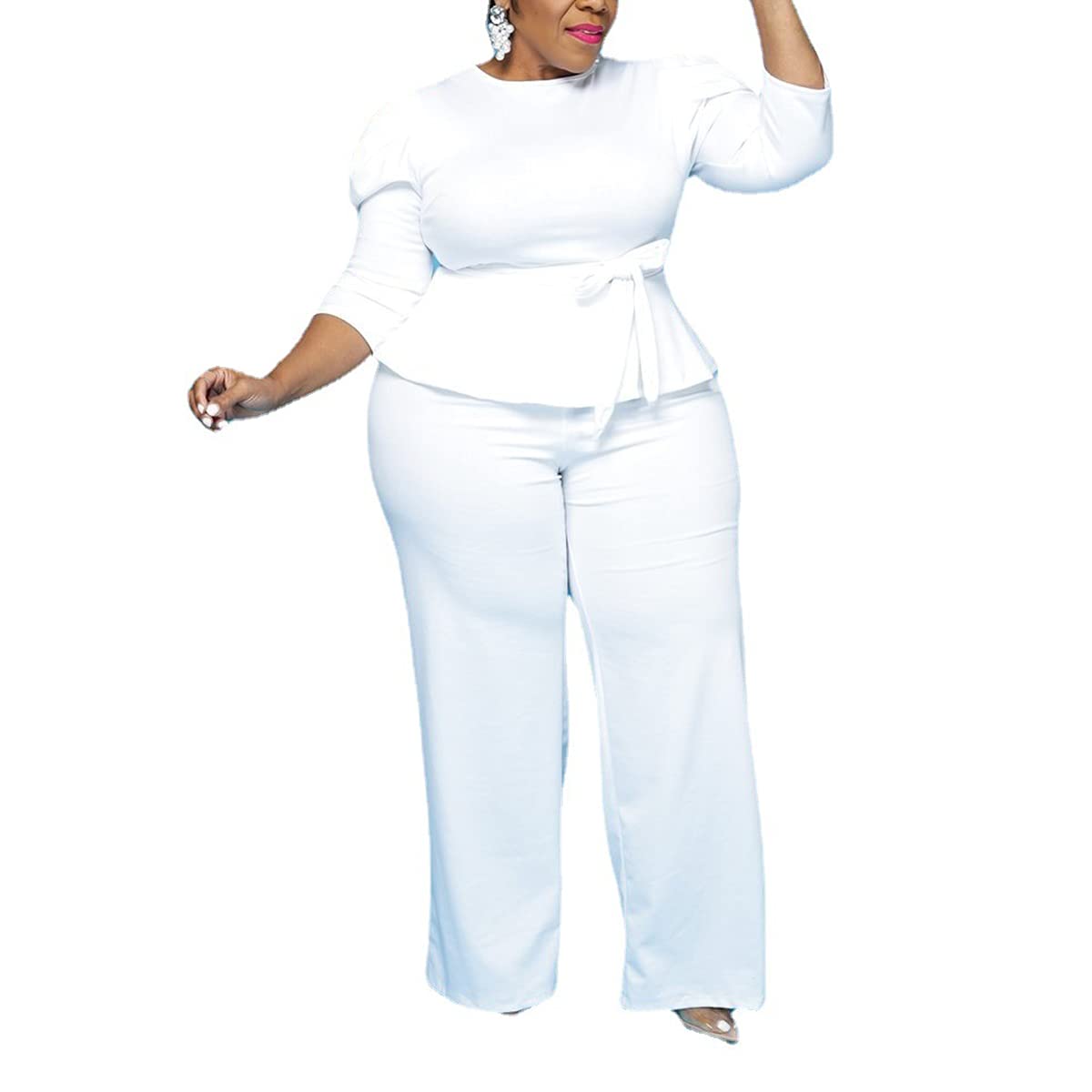 Photo 1 of (missing belt) ThusFar Plus Size 2 Piece Outfits for Women Blazer Top Long Sleeve Long Pants Sets Casual Elegant Business Suit with Belt