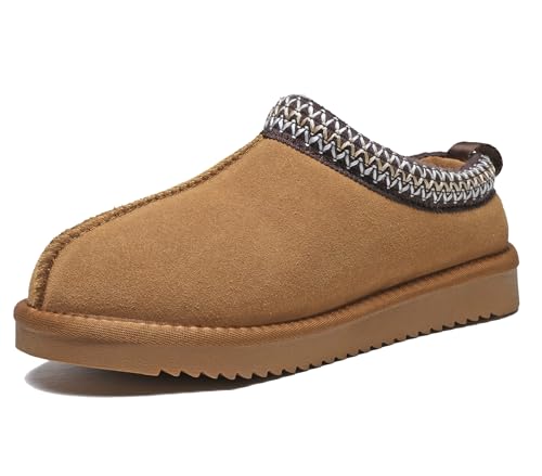 Meik Mangni Women's Fuzzy Slippers Genuine Suede Leather Mini Boots Mens Fur Lining Winter Mules Cozy Warm Shoes for Indoor Outdoor