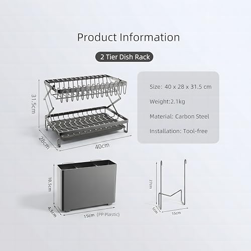 Beauenty 2 Tier Dish Drying Rack, With Drip Tray And Folding Design, Large Capacity Kitchen Dish Drainer For Small Kitchens, 42cm(Black)