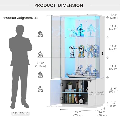 Glass Display Cabinet with Lights, Modern Curio Cabinet Display Cases for Collectibles, Locking Cabinet with Shelves & Drawers, Tall Bookcase with Human Body Sensor for Living Room, White