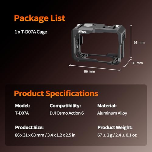 Nitze Action 6 Cage para dji Osmo Action 6, Jaula Metálica con Zapata Fría Integrada, Orificio de Fijación de 1/4" y Montura Magnética de Liberación Rápida - T-D07A