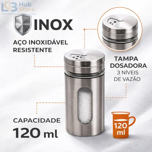 Kit 6 Porta Temperos Inoxdável com Vidro 120ml Tampa Giratória 3 Níveis Hermético Saleiro Pimenteiro Paliteiro Porta Condimentos para Cozinha e Churrasco