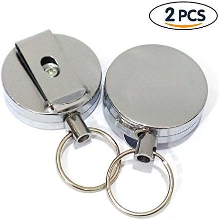 SZHOWORLD 2 Pack - Heavy Duty All Metal Casing Retractable Badge &amp; Key Reels with High Rebound Wire Cord, Belt Clip and Keyring
