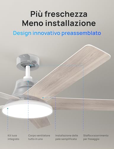 DREO Smart Ceiling Fan with Light, 52 inches, 12 Speed, 3 Fan Modes, Continuous Colour Tone, Adjustable LED, 12H Timer, Silent DC Motor, Remote Control/APP Control