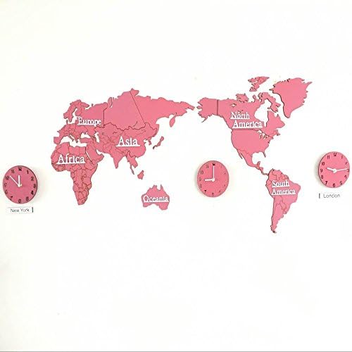 Sticker Creative Large 3D Home DIY World Map Silent Non-sticking Wall Clock, 3 Cities World Time Hanging Clock (Pink)