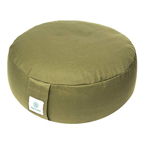 Incline Fit Zafu Yoga Meditation Cushion with Zipper, Round Meditation Pillow Bolster Filled with Buckwheat Hulls With Machine Washable Cotton Cover and Carry Handle, Round, Forest Green