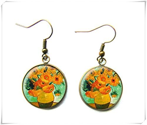 Elf House sunflowers earrings, painting, art, Dome glass jewelry, pure handmade