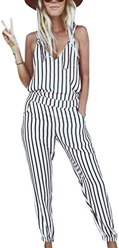 GAMISOTE Striped Bohemian Jumpsuit Sexy V-neck Strap Rompers Jumpsuit