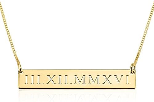 Personalized Custom 24k Gold Plated Roman Numeral Engraved Bar Necklace Jewelry (16)