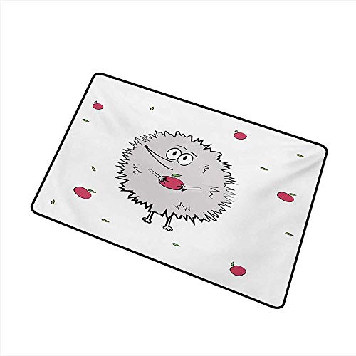 Hedgehogï¼ŒDoor mat Happy Animal Apples and Leaves Doodle Style Cartoon Drawing Fun Illustration W 24" x L 35" Low-Profile Mats for Entry Grey Pink Green