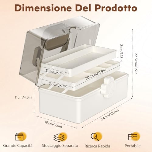 Mihoho Large 3 Layer Medicine Box, 3 Tier Medicine Organizer, Storage Box Organizer with Compartments, Emergency Kit Case for Family Emergency Kit (White K)
