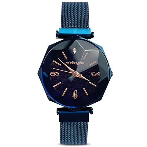 RORIOS Fashion Analogue Quartz Watches Magnetic Mesh Band Starry Sky Dial Simulated Diamond Wrist Watches for Girl/Ladies Waterproof